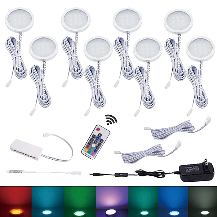 DC5-24V 2W/PCS 8PCS RGB Color Changing LED Under Cabinet Puck Lights Kit, With RF Remote Control